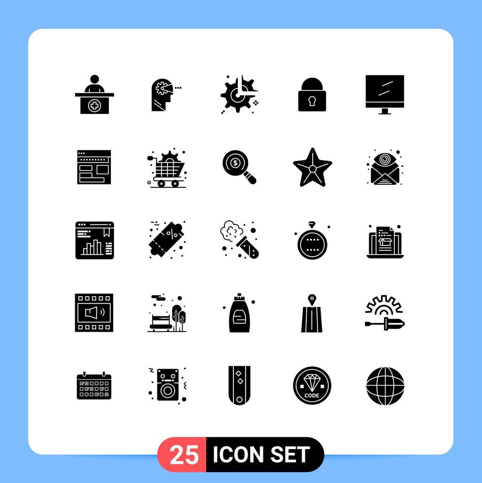 Solid Glyph Pack of 25 Universal Symbols of computer locked gear security configuration Editable Vector Design Elements