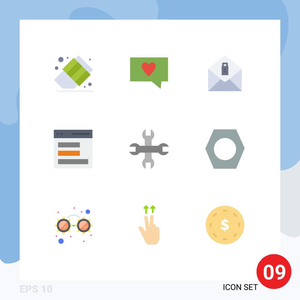 Pack of 9 creative Flat Colors of bolt wrench delete tool user Editable Vector Design Elements