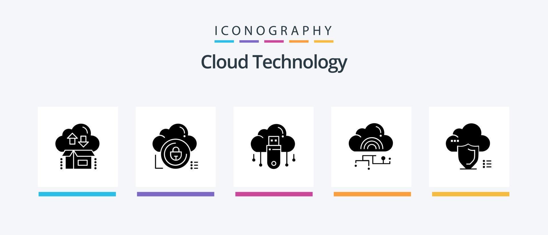Cloud Technology Glyph 5 Icon Pack Including link. network. lock. store. online. Creative Icons Design vector