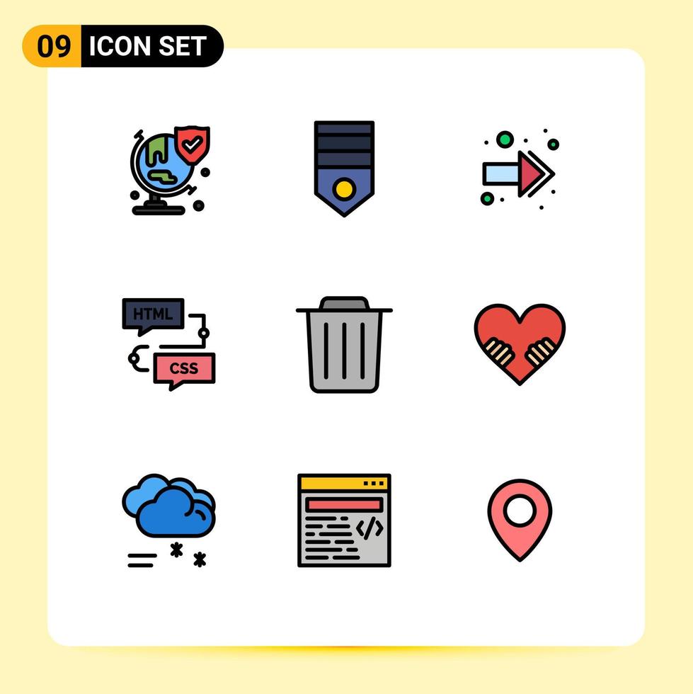 Pack of 9 creative Filledline Flat Colors of delete flowchart soldier development coding Editable Vector Design Elements