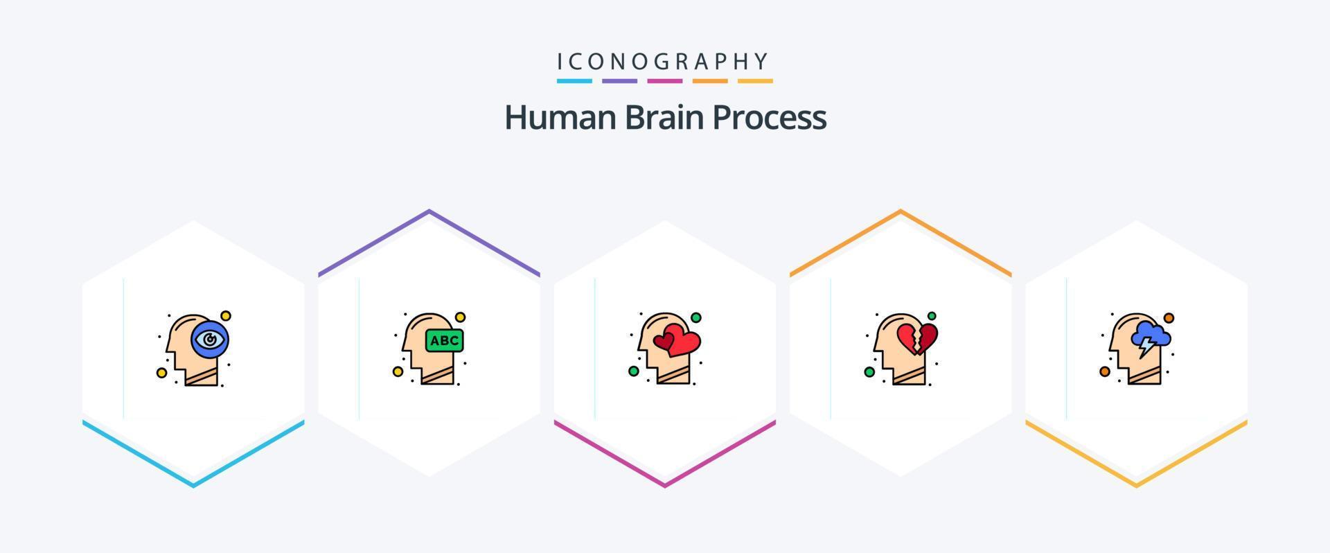 paquete de iconos de 25 líneas rellenas del proceso del cerebro humano que incluye romper el corazón. sentimiento. aprendizaje. emociones corazón vector