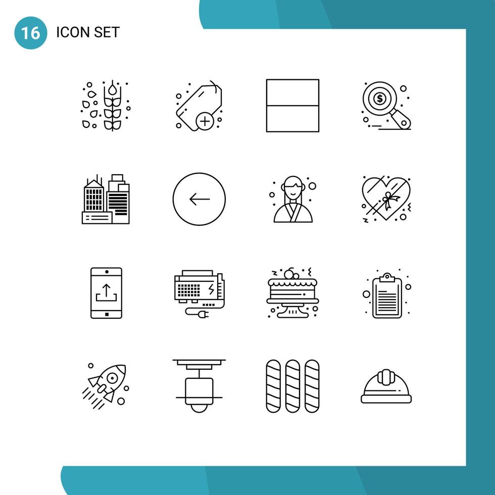 User Interface Pack of 16 Basic Outlines of buttons work research place building Editable Vector Design Elements