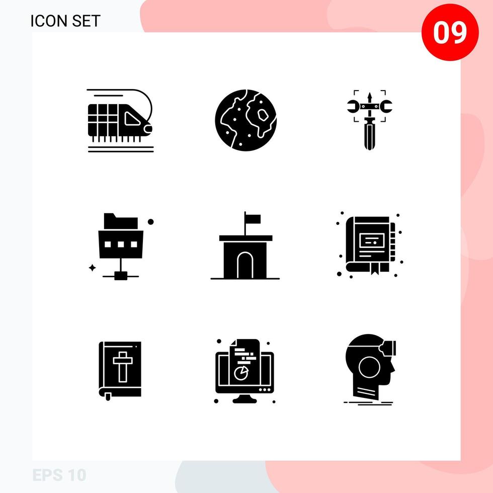 Group of 9 Solid Glyphs Signs and Symbols for flag architecture setting folder network Editable Vector Design Elements