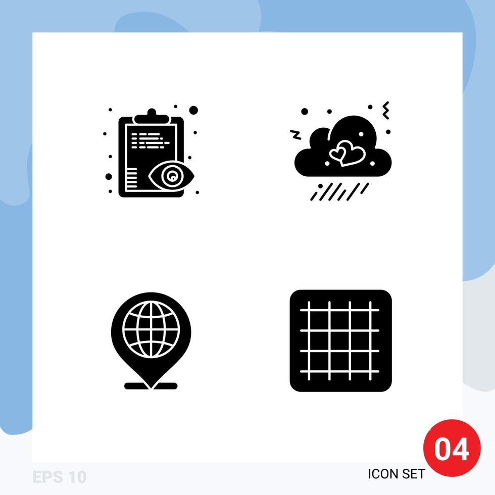 Solid Glyph Pack of 4 Universal Symbols of eye globe clipboard love location Editable Vector Design Elements