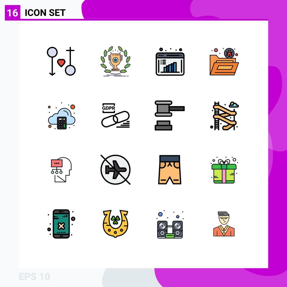 Mobile Interface Flat Color Filled Line Set of 16 Pictograms of security file reward bug data computation Editable Creative Vector Design Elements