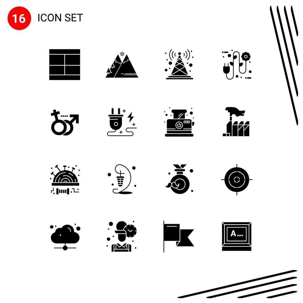 conjunto de pictogramas de 16 glifos sólidos simples de enchufe eléctrico estación de antena de radio solar ecológica elementos de diseño vectorial editables vector