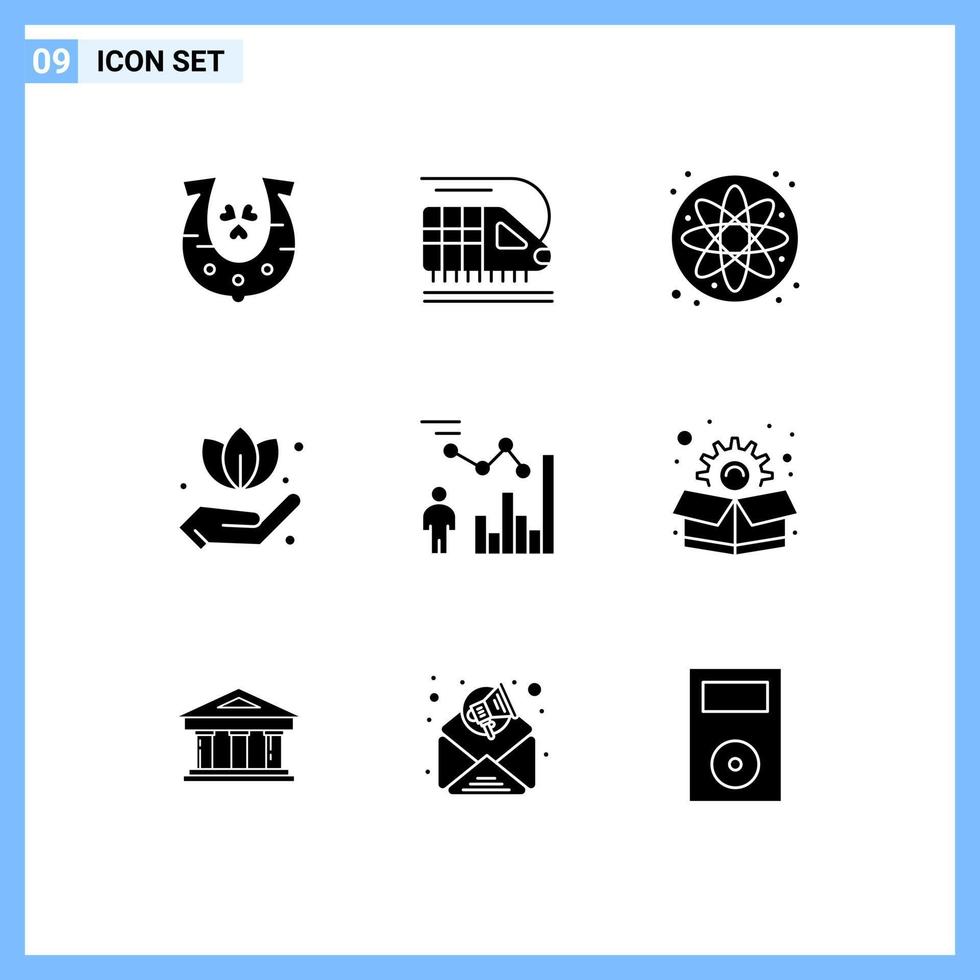 Group of 9 Modern Solid Glyphs Set for person efficiency laboratory data leaf Editable Vector Design Elements