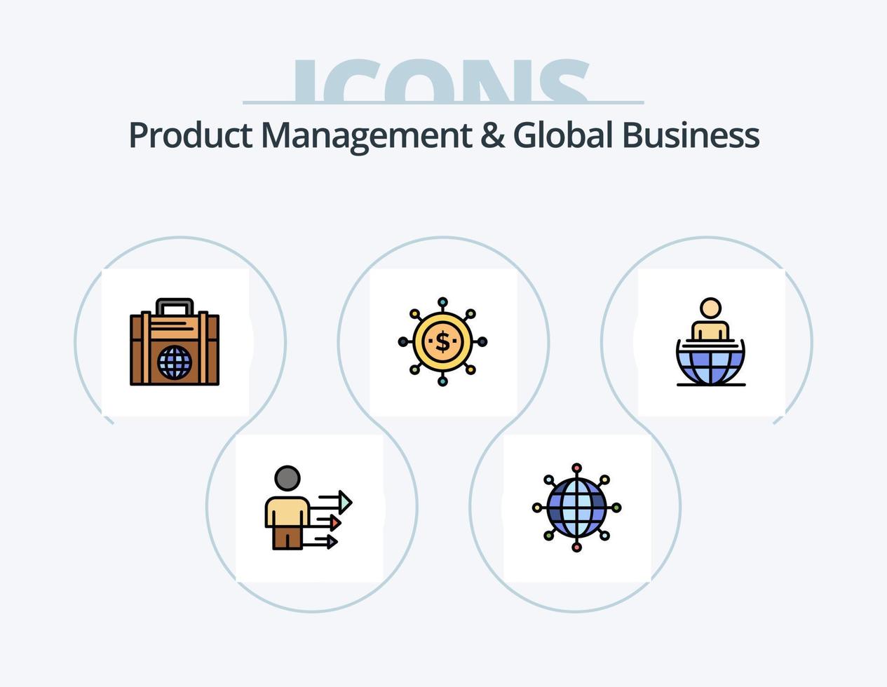 la gestión de productos y la línea de negocio global llenaron el paquete de iconos 5 diseño de iconos. negocio. recursos. negocio. moderno. negocio vector
