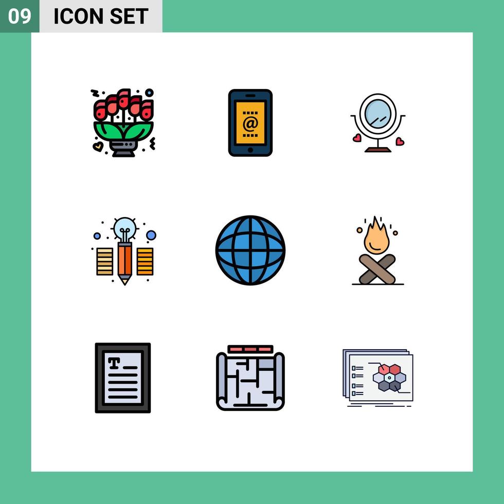 Group of 9 Filledline Flat Colors Signs and Symbols for location pencil phone idea heard Editable Vector Design Elements