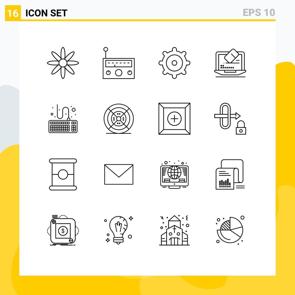Pack of 16 Modern Outlines Signs and Symbols for Web Print Media such as film type mechanic keyboard screen Editable Vector Design Elements