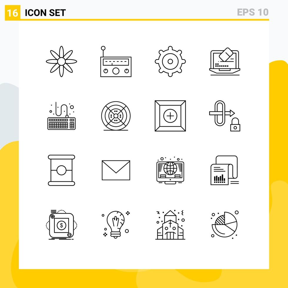 paquete de 16 signos y símbolos de contornos modernos para medios de impresión web, como elementos de diseño de vectores editables de pantalla de teclado mecánico de tipo película