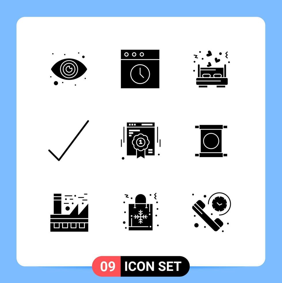 Group of 9 Solid Glyphs Signs and Symbols for scroll web love quality tick Editable Vector Design Elements