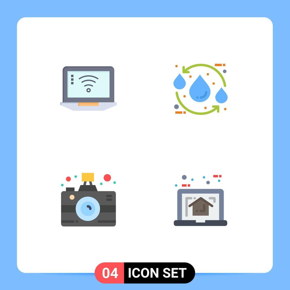 Group of 4 Flat Icons Signs and Symbols for laptop camera wifi ecology media Editable Vector Design Elements
