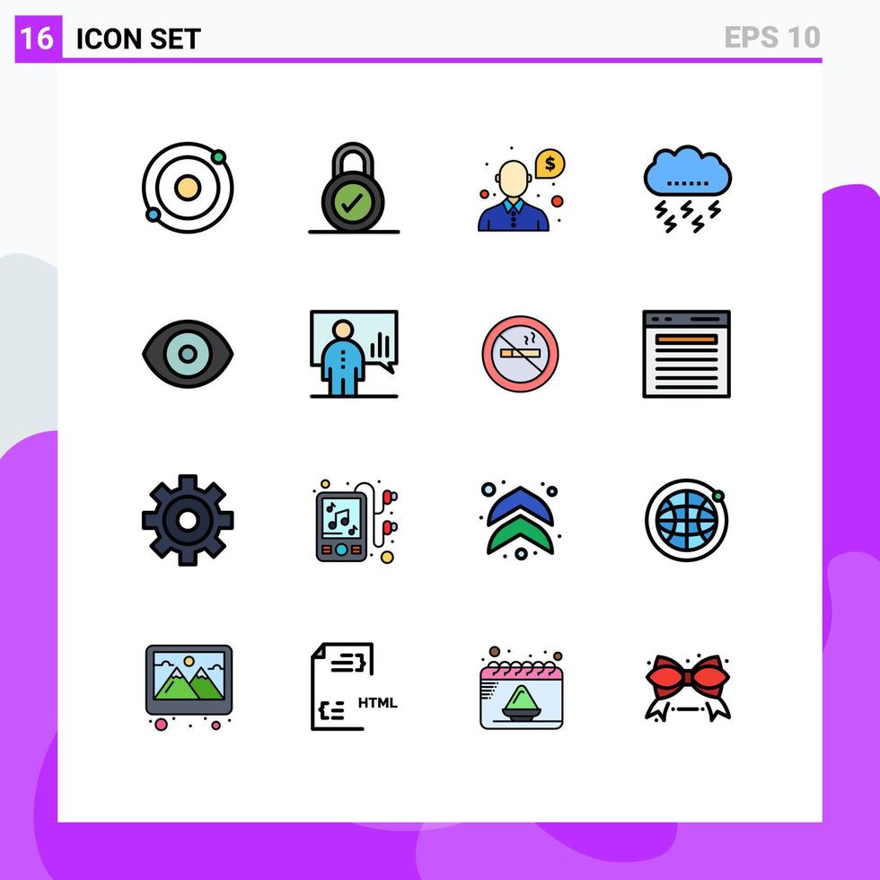 Universal Icon Symbols Group of 16 Modern Flat Color Filled Lines of lab biology question thunder lightning Editable Creative Vector Design Elements