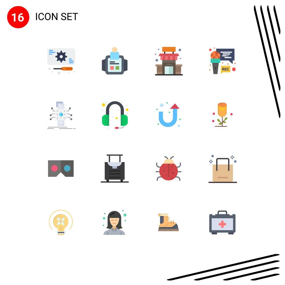 Group of 16 Flat Colors Signs and Symbols for data program building recording mic Editable Pack of Creative Vector Design Elements