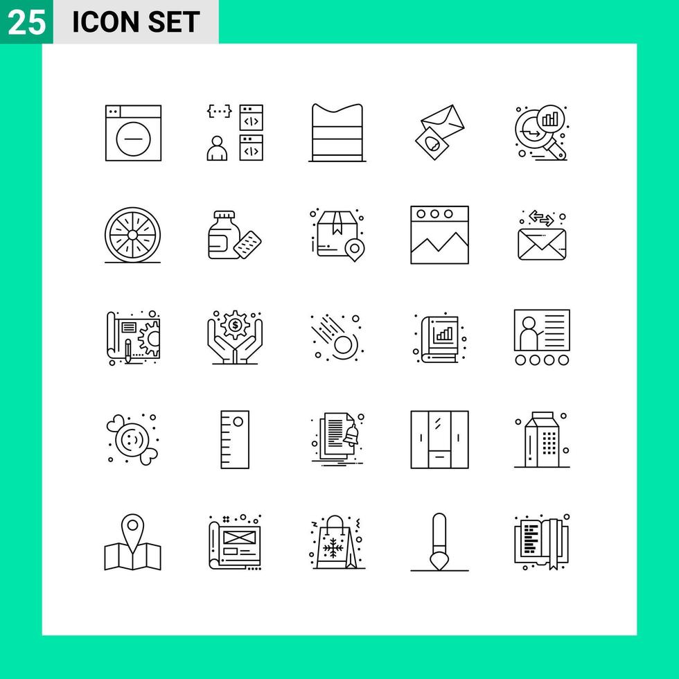 User Interface Pack of 25 Basic Lines of data analyzing egg development mail web Editable Vector Design Elements