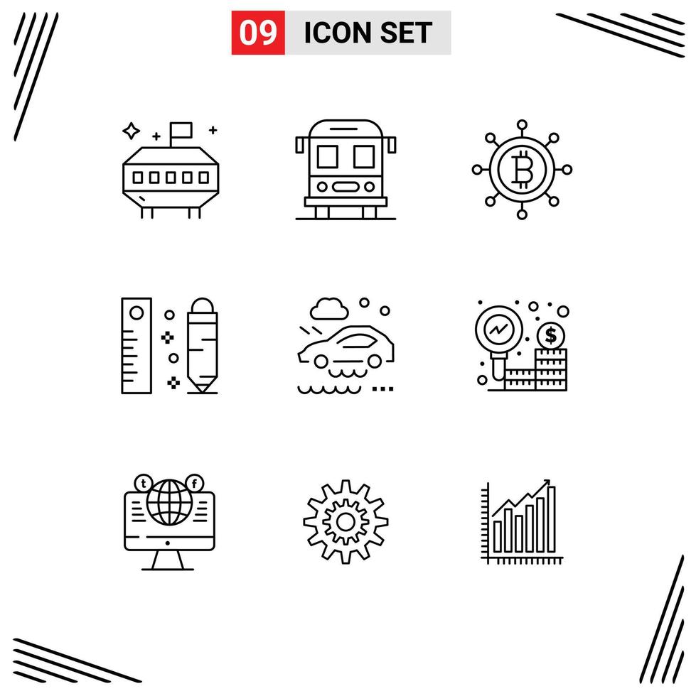 Pack of 9 Modern Outlines Signs and Symbols for Web Print Media such as finance wet road drawing rain bad weather condition Editable Vector Design Elements