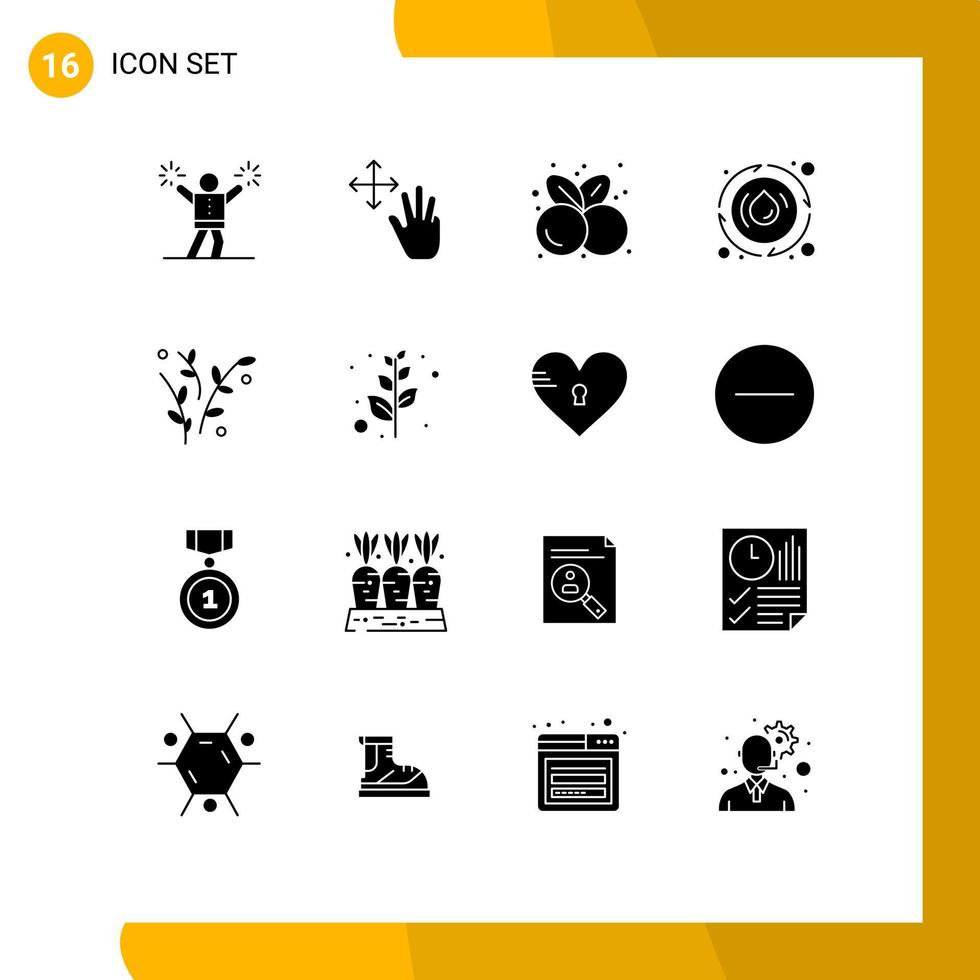 Set of 16 Vector Solid Glyphs on Grid for leaf water cherries spring summer Editable Vector Design Elements