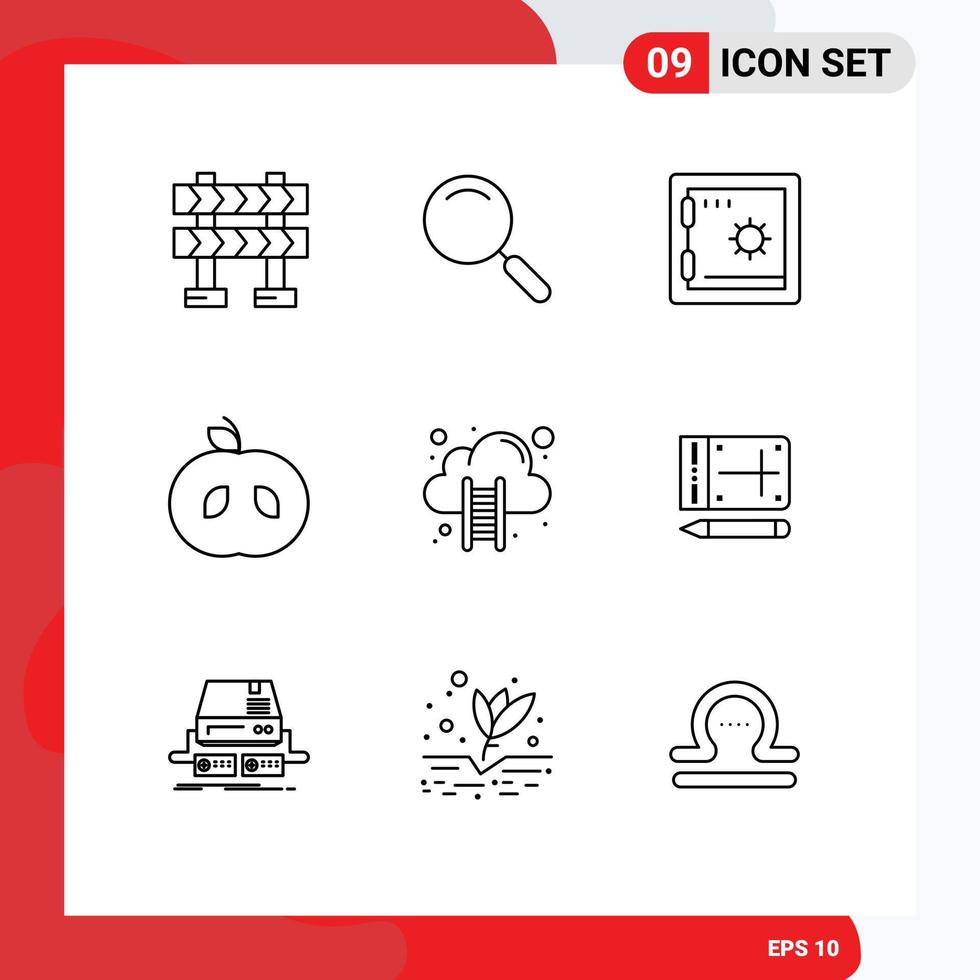 Pictogram Set of 9 Simple Outlines of mobile data cloud deposit cloud hosting fruit Editable Vector Design Elements