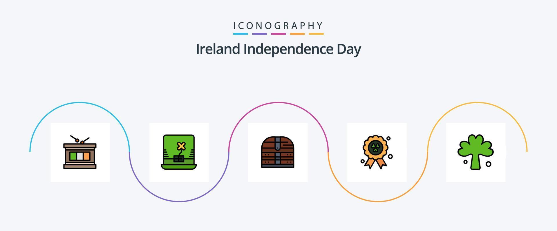 la línea del día de la independencia de irlanda llenó el paquete de iconos planos 5, incluido el irlandés. verde. dinero. trébol. madel vector