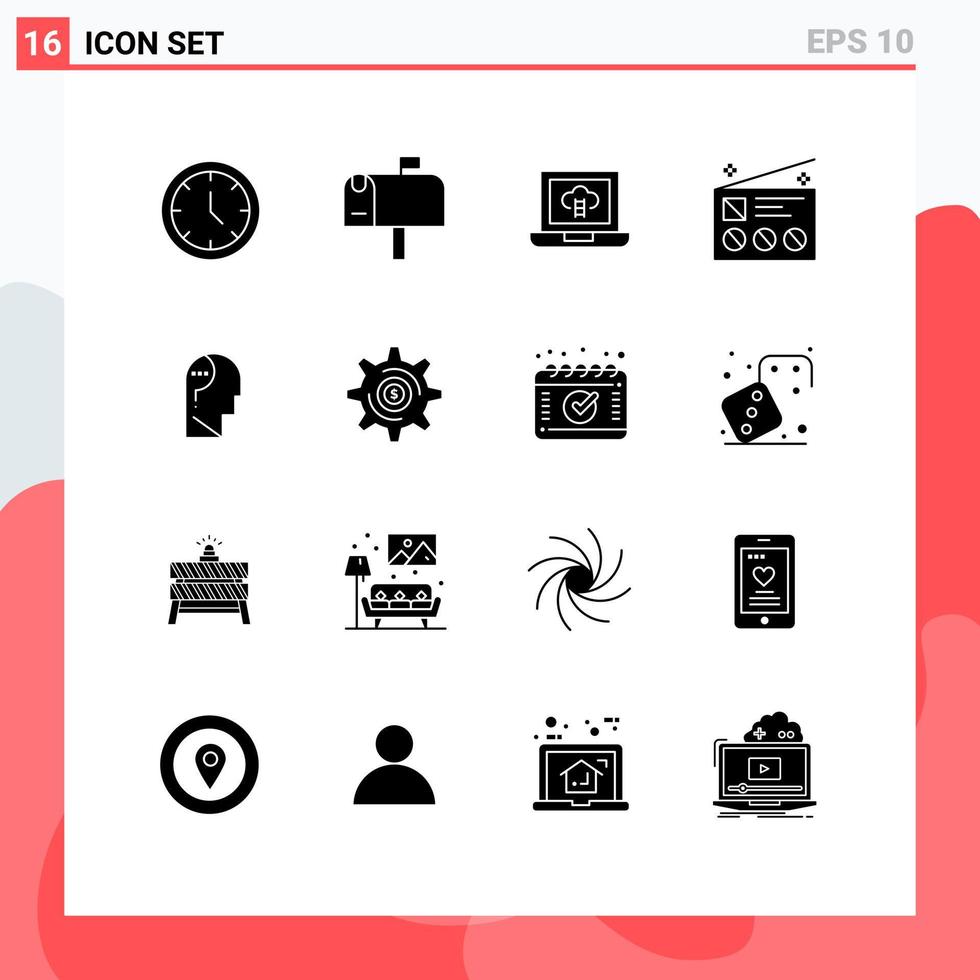 Solid Glyph Pack of 16 Universal Symbols of confuse mind confuse laptop radio marketing Editable Vector Design Elements