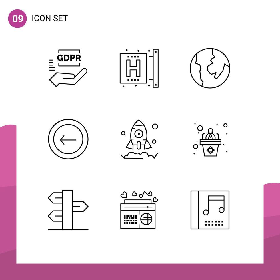 Group of 9 Modern Outlines Set for rocket business health interface back Editable Vector Design Elements