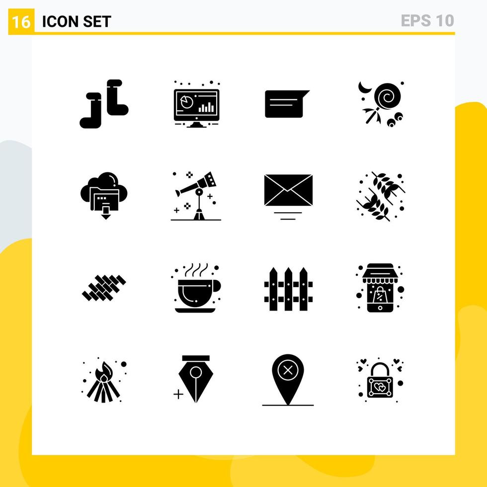 Mobile Interface Solid Glyph Set of 16 Pictograms of down download basic holiday celebration Editable Vector Design Elements