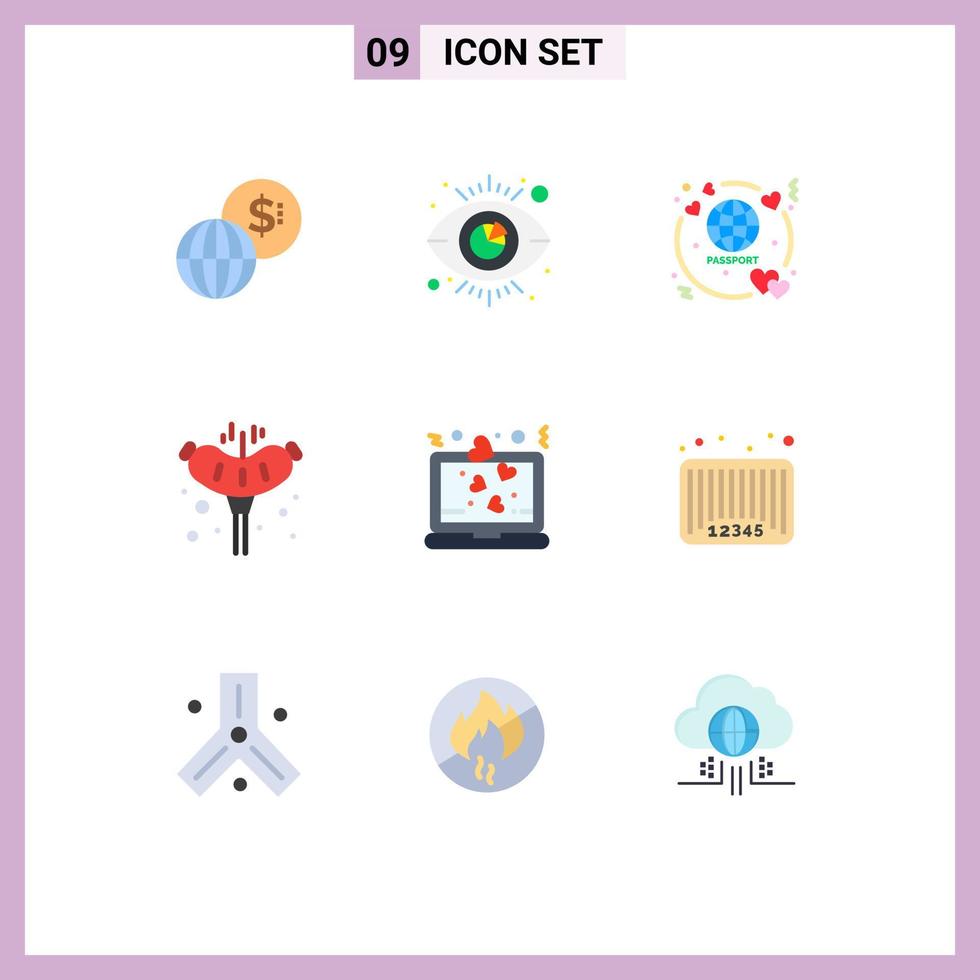 paquete de iconos vectoriales de stock de 9 signos y símbolos de línea para laptop camping luna de miel salchicha carne elementos de diseño vectorial editables vector