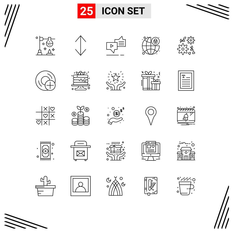 25 Thematic Vector Lines and Editable Symbols of flower security connection padlock global protection Editable Vector Design Elements