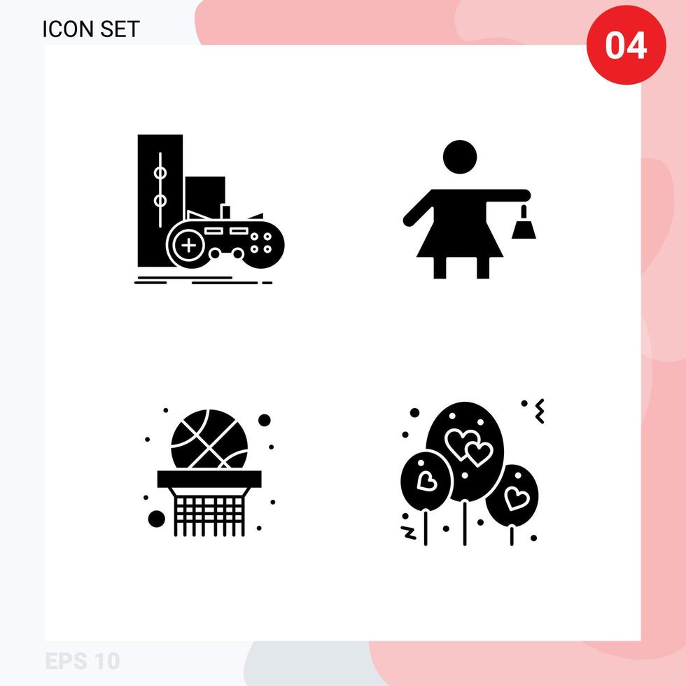 Set of 4 Commercial Solid Glyphs pack for game sports play shopping balloon Editable Vector Design Elements