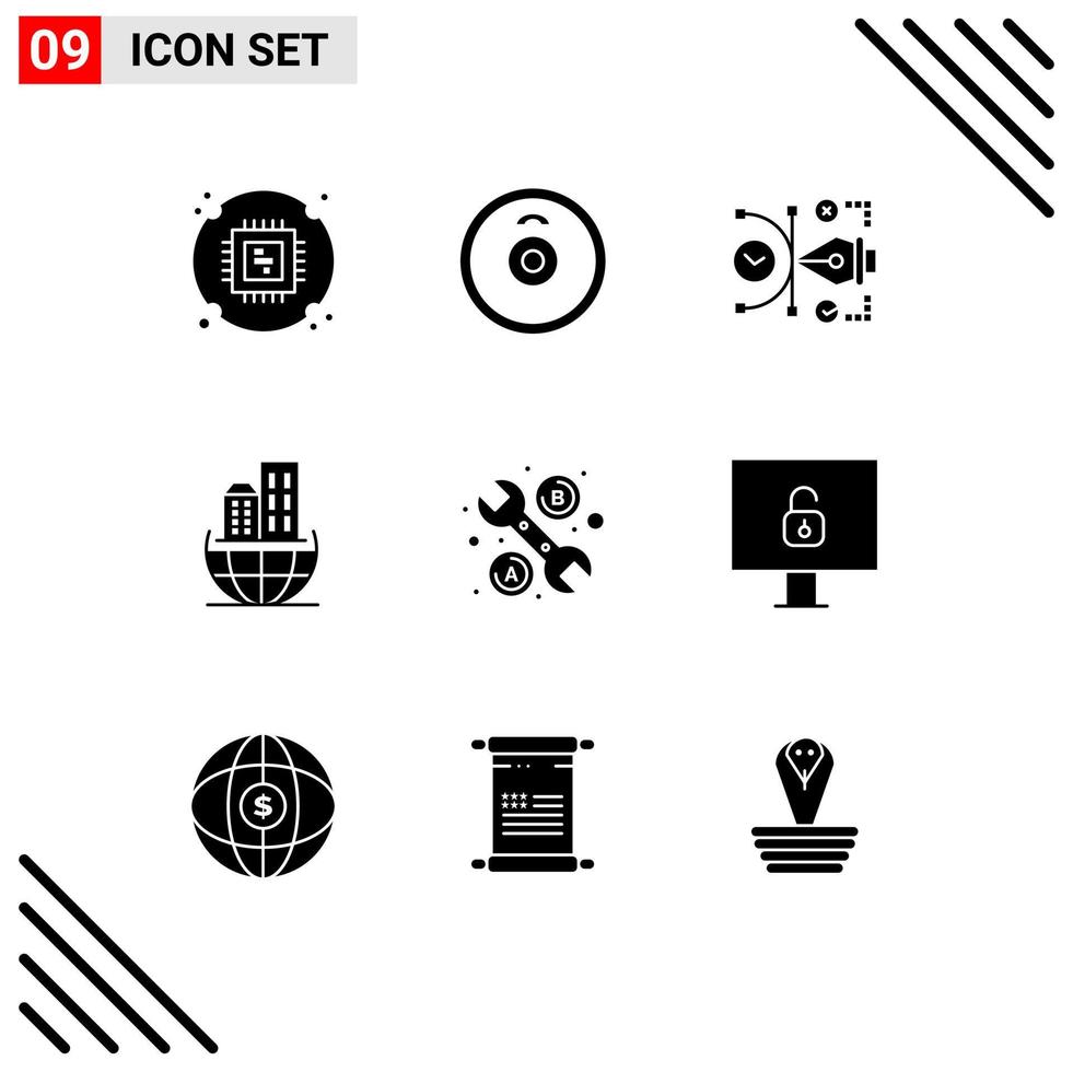 Universal Icon Symbols Group of 9 Modern Solid Glyphs of tool sustainable vector business global organization Editable Vector Design Elements