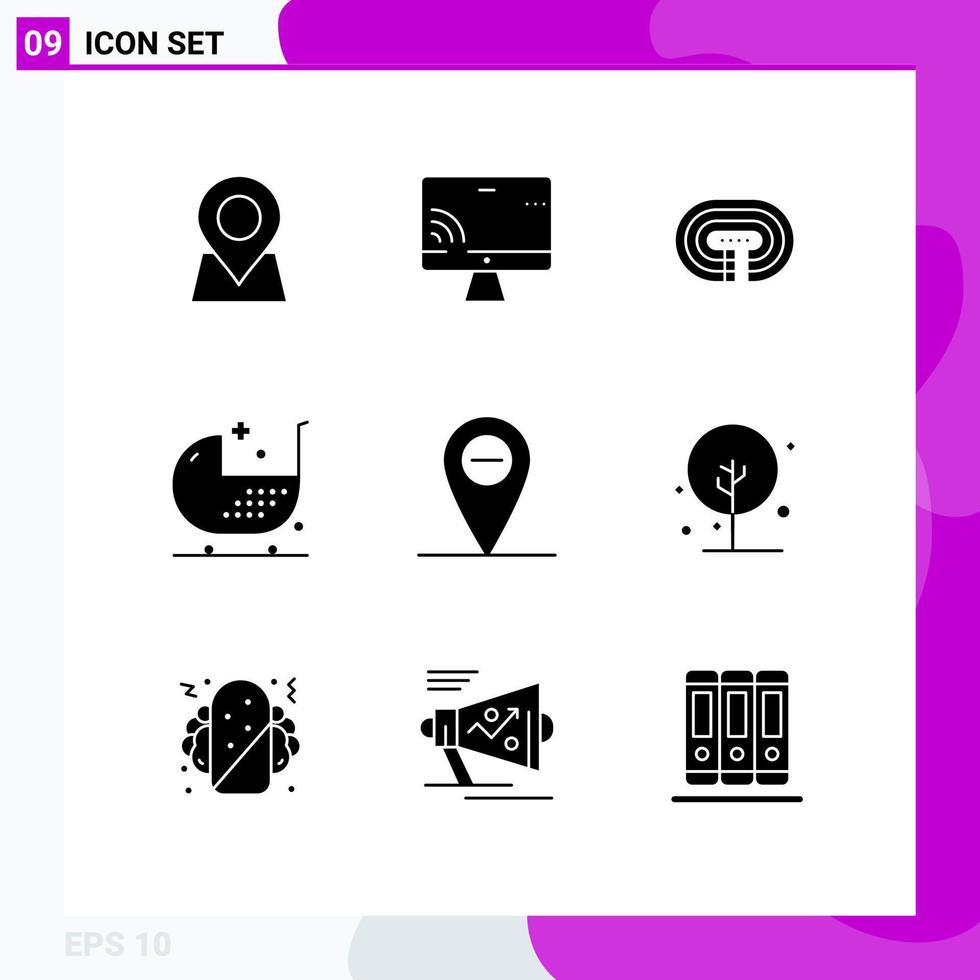 Mobile Interface Solid Glyph Set of 9 Pictograms of minus fitness running disease baby Editable Vector Design Elements