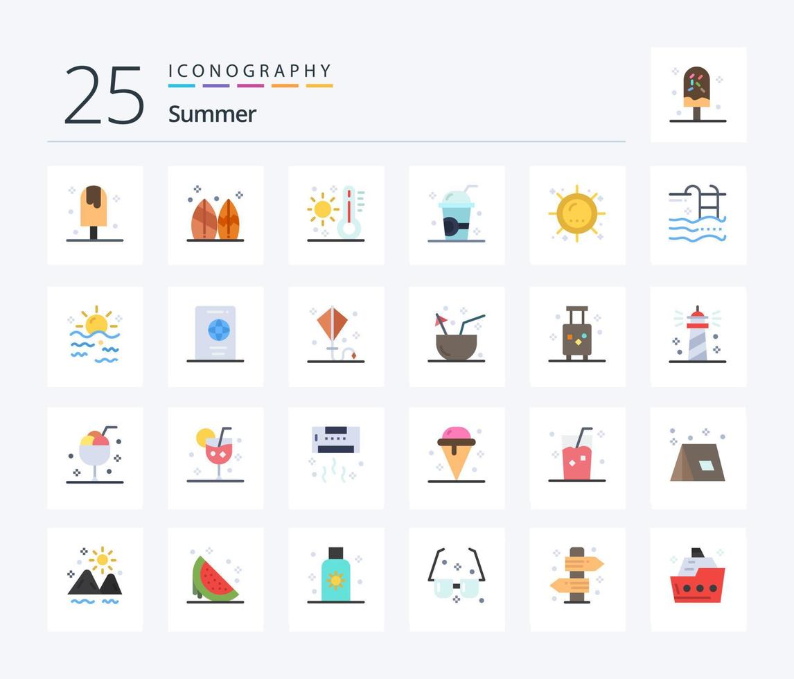 Summer 25 Flat Color icon pack including ice. drink. surf. weather. summer vector