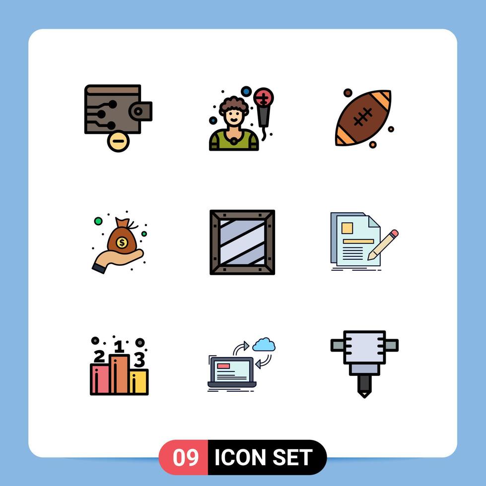Modern Set of 9 Filledline Flat Colors Pictograph of development coding sports box money Editable Vector Design Elements