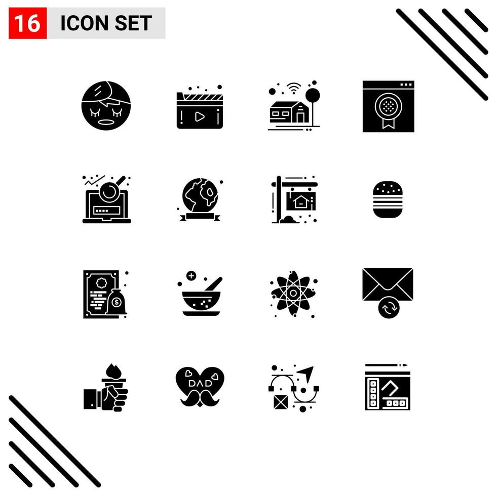 Pack of 16 Modern Solid Glyphs Signs and Symbols for Web Print Media such as login file smart analysis medal Editable Vector Design Elements