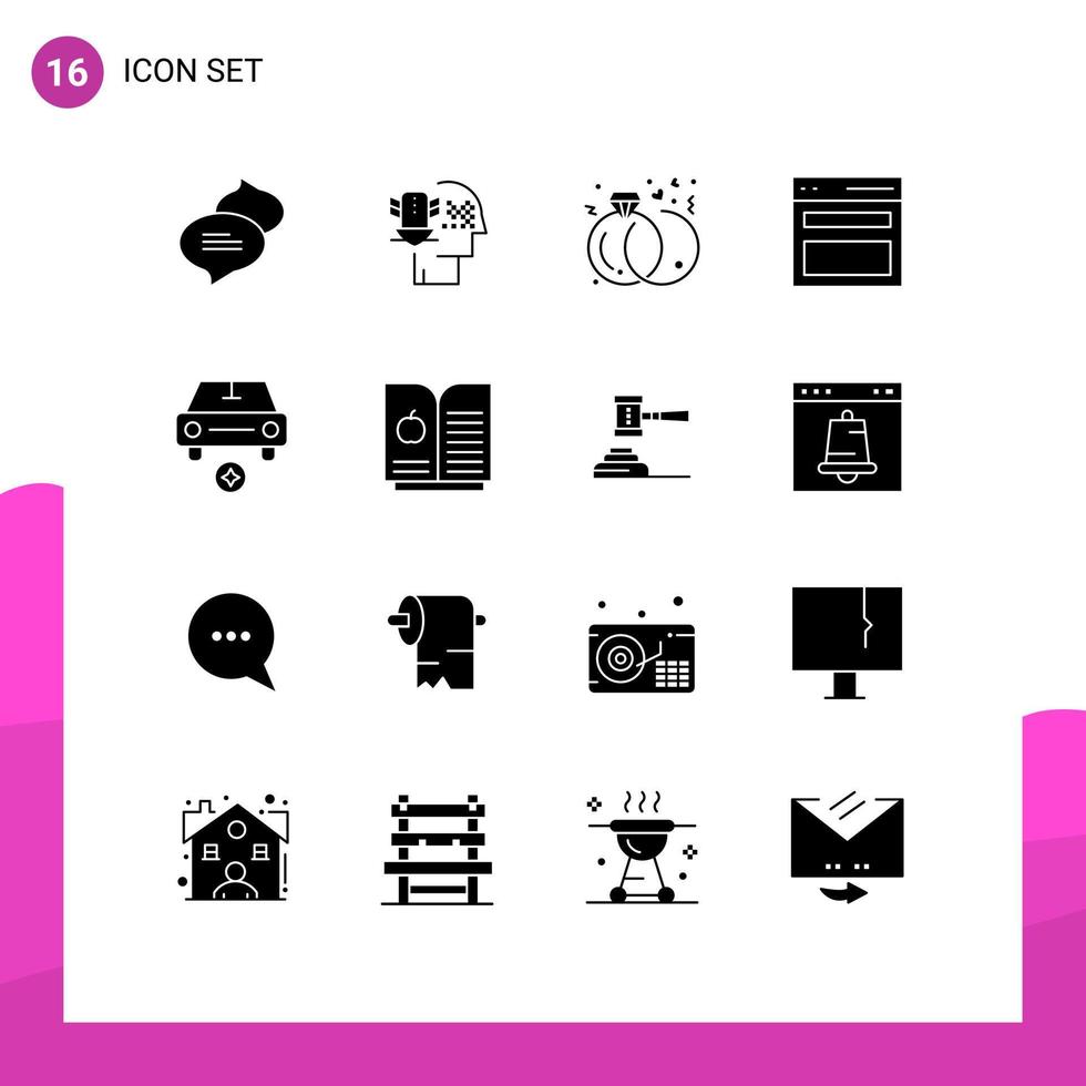 Pack of 16 Modern Solid Glyphs Signs and Symbols for Web Print Media such as star car engagement user interface Editable Vector Design Elements