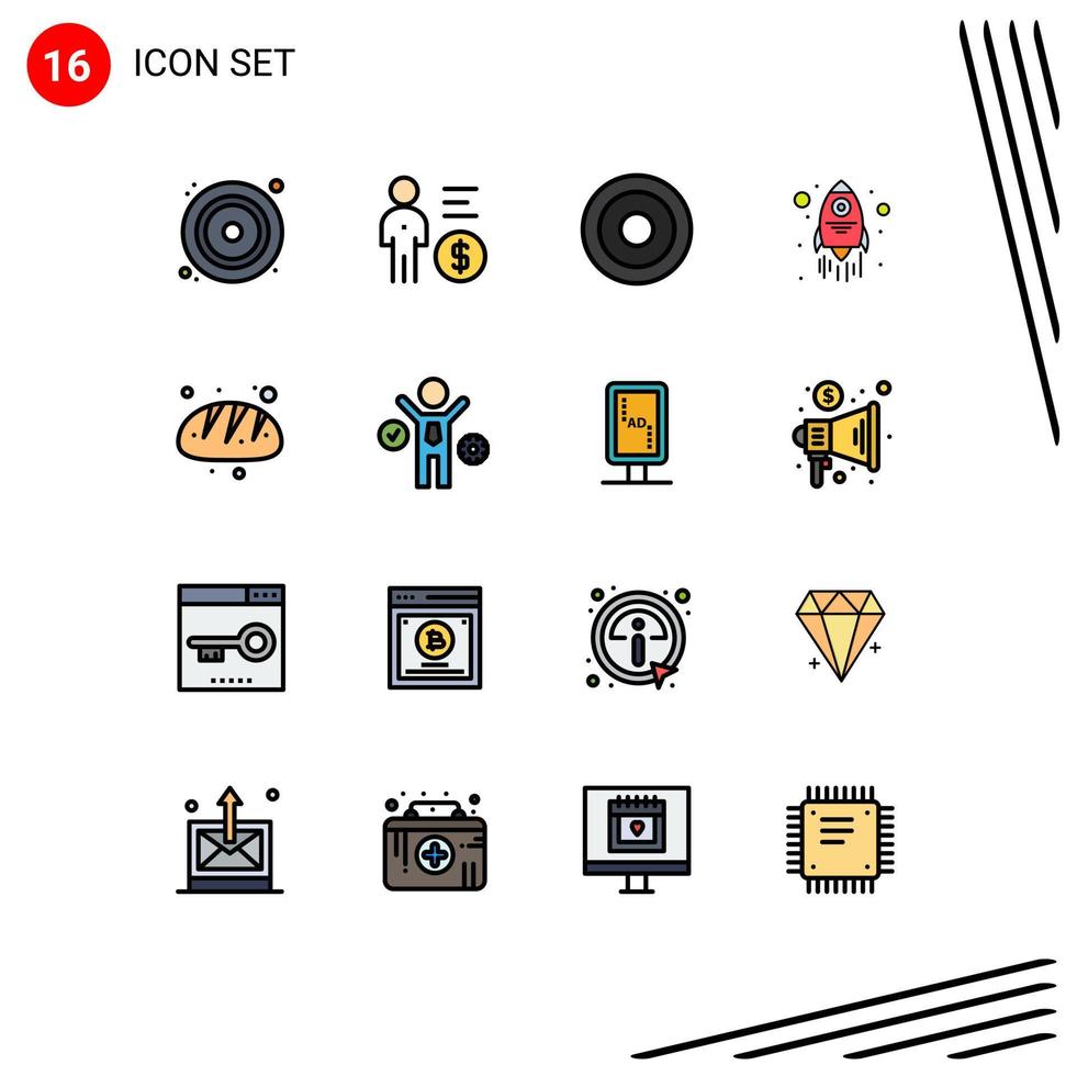 Modern Set of 16 Flat Color Filled Lines Pictograph of baking spaceship person rocket user Editable Creative Vector Design Elements