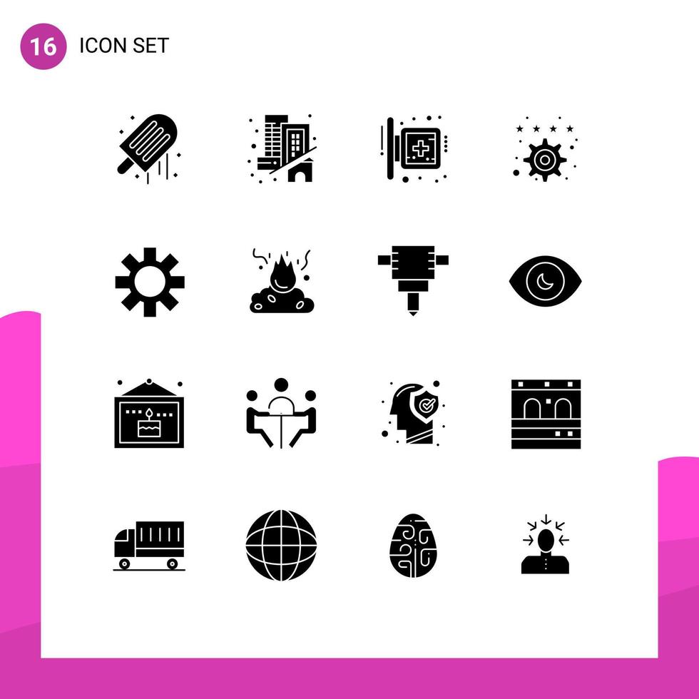 Modern Set of 16 Solid Glyphs and symbols such as setting preference board favorite hospital Editable Vector Design Elements