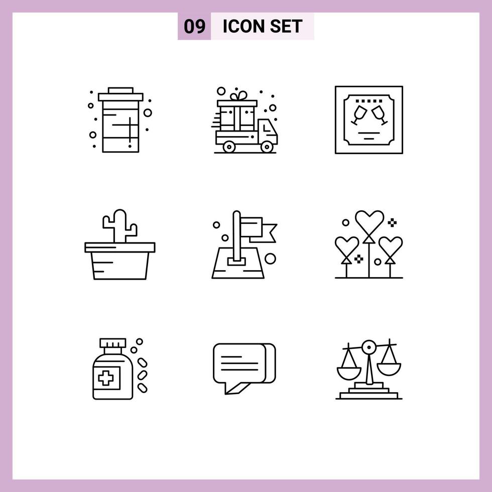 Pictogram Set of 9 Simple Outlines of location flag card summer cactus Editable Vector Design Elements