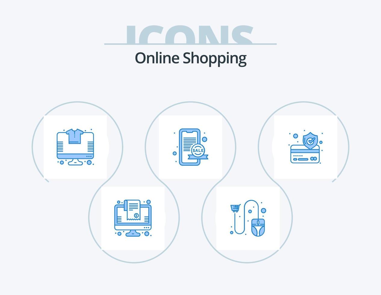 compras en línea paquete de iconos azules 5 diseño de iconos. promoción. marketing. ratón. camiseta de manga corta. compras vector