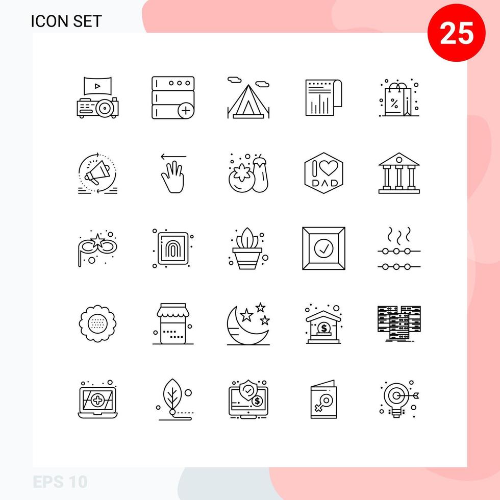 Pack of 25 Modern Lines Signs and Symbols for Web Print Media such as advertising purchases teepee gift report Editable Vector Design Elements