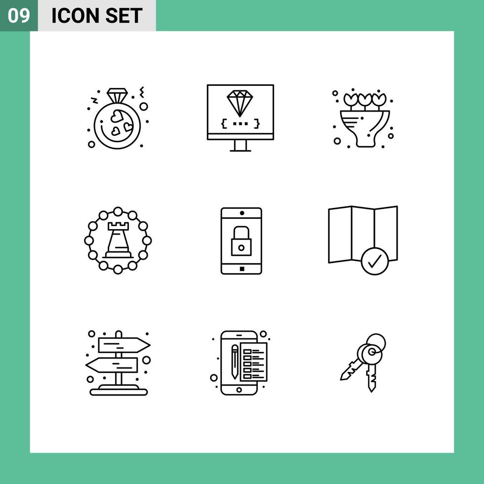 Stock Vector Icon Pack of 9 Line Signs and Symbols for application rook programming tower castle Editable Vector Design Elements