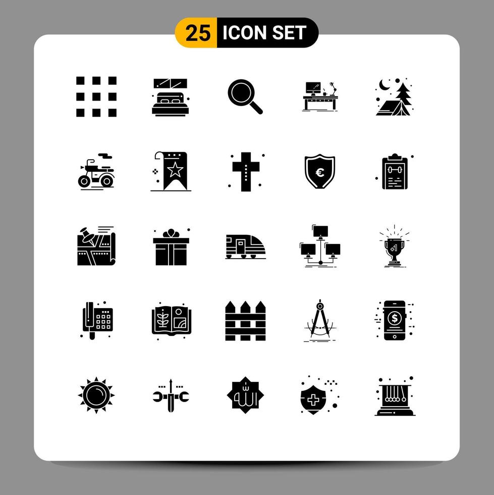 Set of 25 Vector Solid Glyphs on Grid for adventure office magnifying lamp computer Editable Vector Design Elements