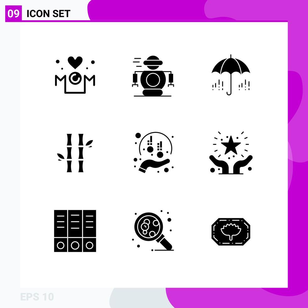 Group of 9 Modern Solid Glyphs Set for natural green robot forest spring Editable Vector Design Elements
