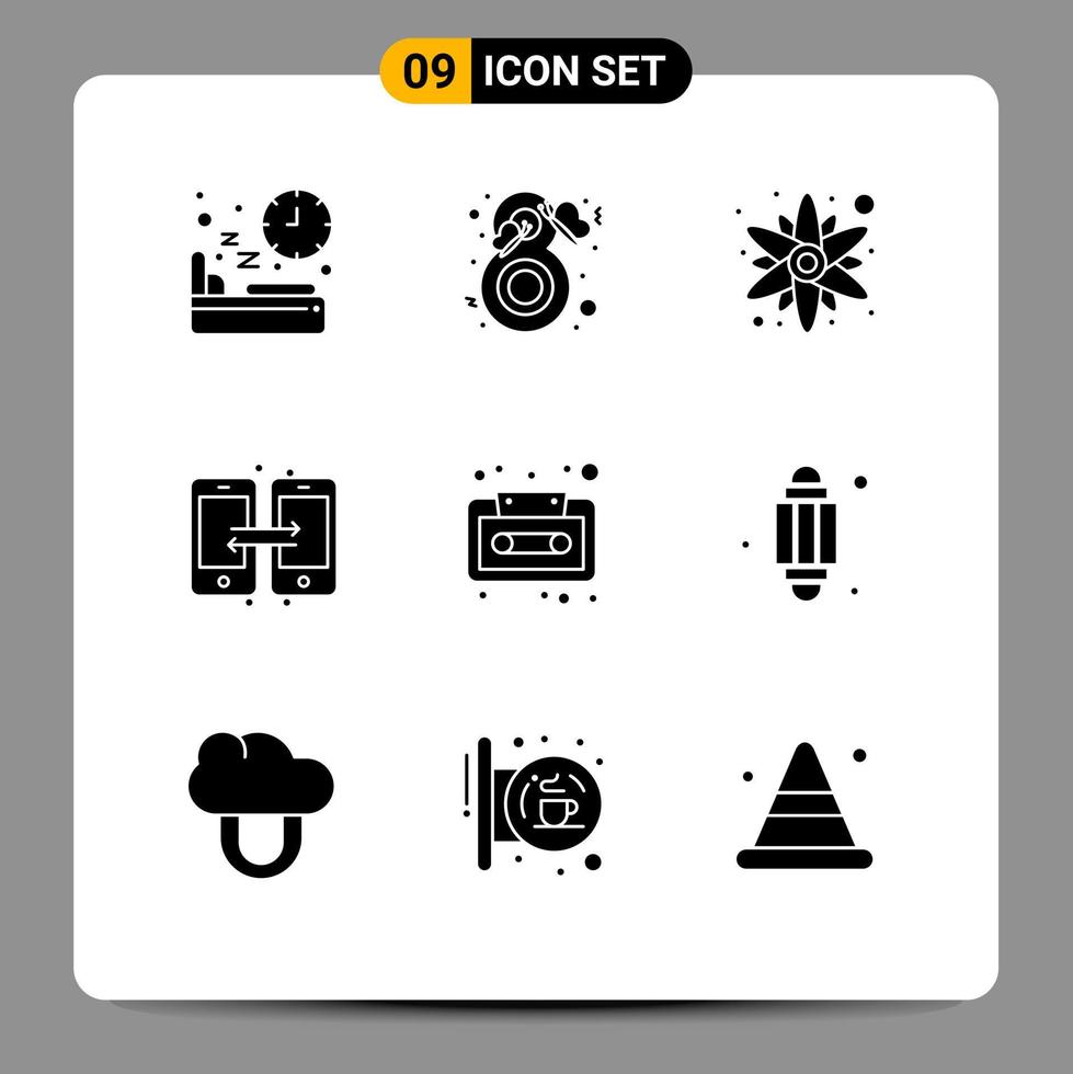 Pack of 9 Modern Solid Glyphs Signs and Symbols for Web Print Media such as audio share fashion data sun flower Editable Vector Design Elements