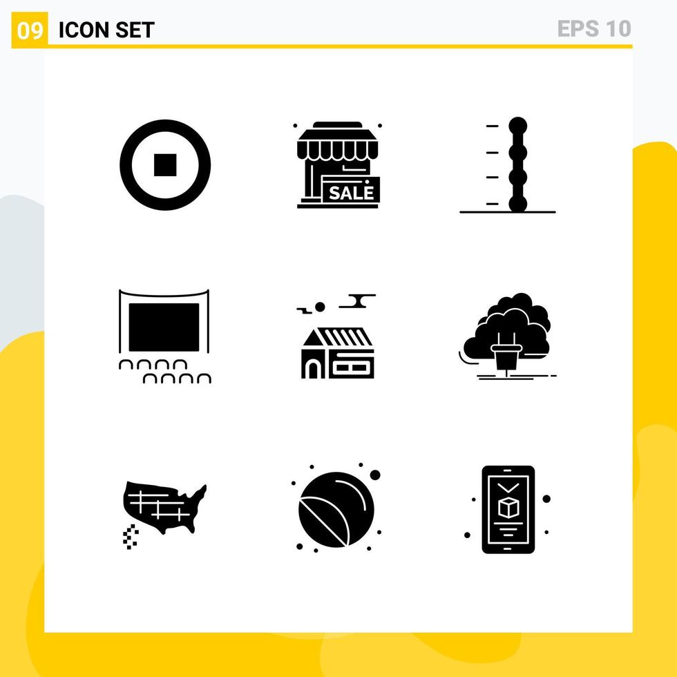 Mobile Interface Solid Glyph Set of 9 Pictograms of sun home auto film cinema Editable Vector Design Elements