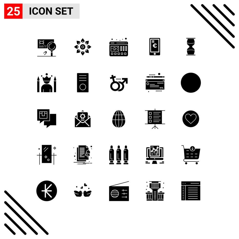 Pack of 25 Modern Solid Glyphs Signs and Symbols for Web Print Media such as euro mobile diwali website video Editable Vector Design Elements