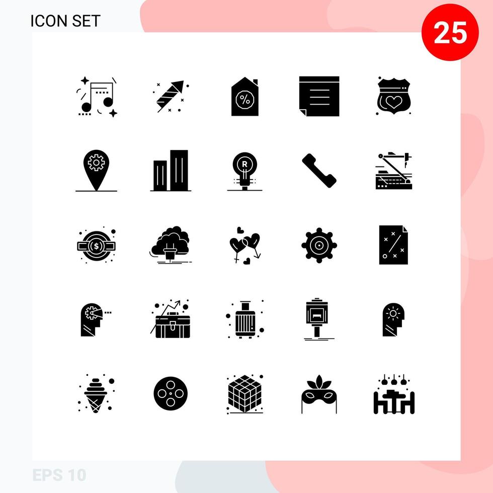 User Interface Pack of 25 Basic Solid Glyphs of shield safe house medical text Editable Vector Design Elements