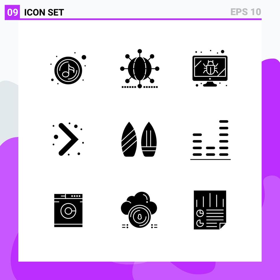 Editable Vector Line Pack of 9 Simple Solid Glyphs of snowboard right world navigation security Editable Vector Design Elements