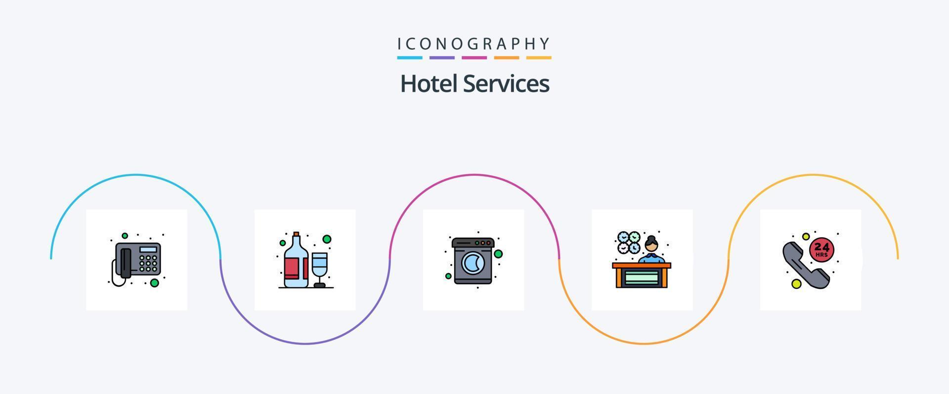 Hotel Services Line Filled Flat 5 Icon Pack Including call. reception. clothes. manager. female manager vector